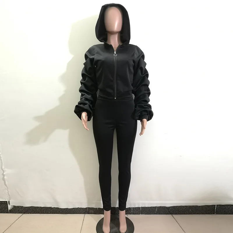 

Autumn Winter 2 Piece Matching Set Women Hooded Long Lantern Sleeve Top and Bandage Long Pencil Pants Two Piece Female Tracksuit