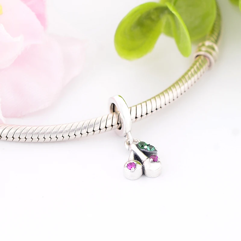 100% Серебро 925 вишневый зеленый цирконий бусина-подвеска в виде листьев подходит