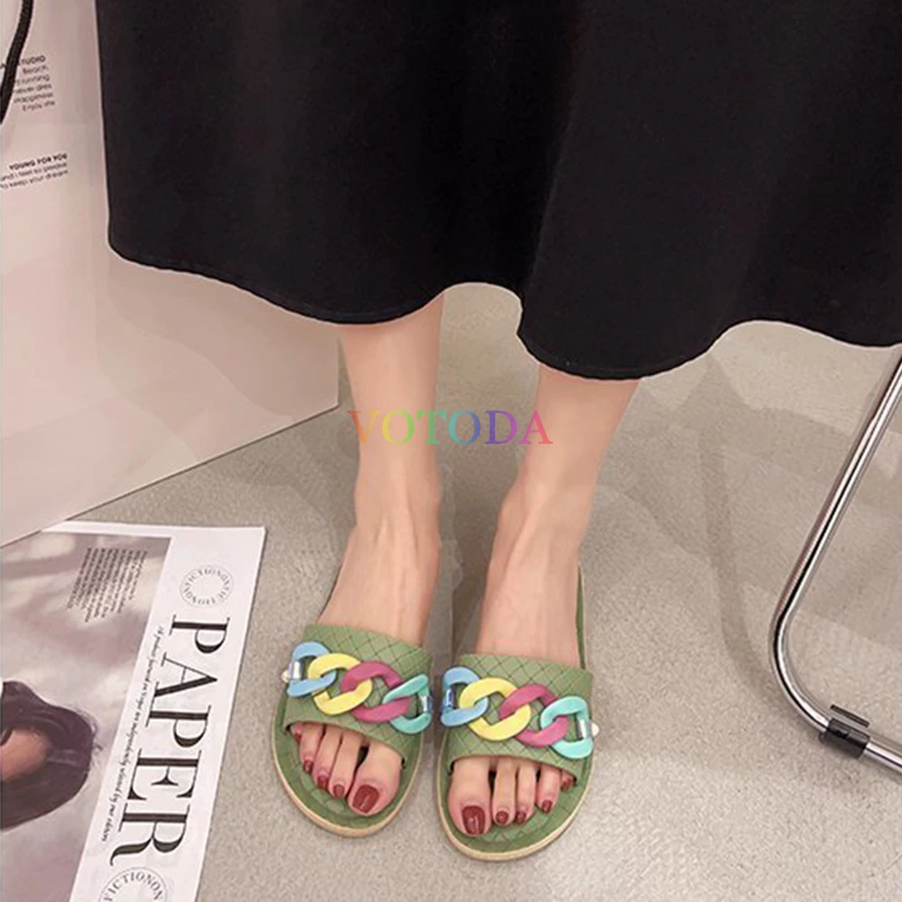 

2021 New Summer Women Sandals Flat Beach Slippers Sweet Chain Slides Weave Female Slippers Fashion Casual Outdoor Rainbow Shoes