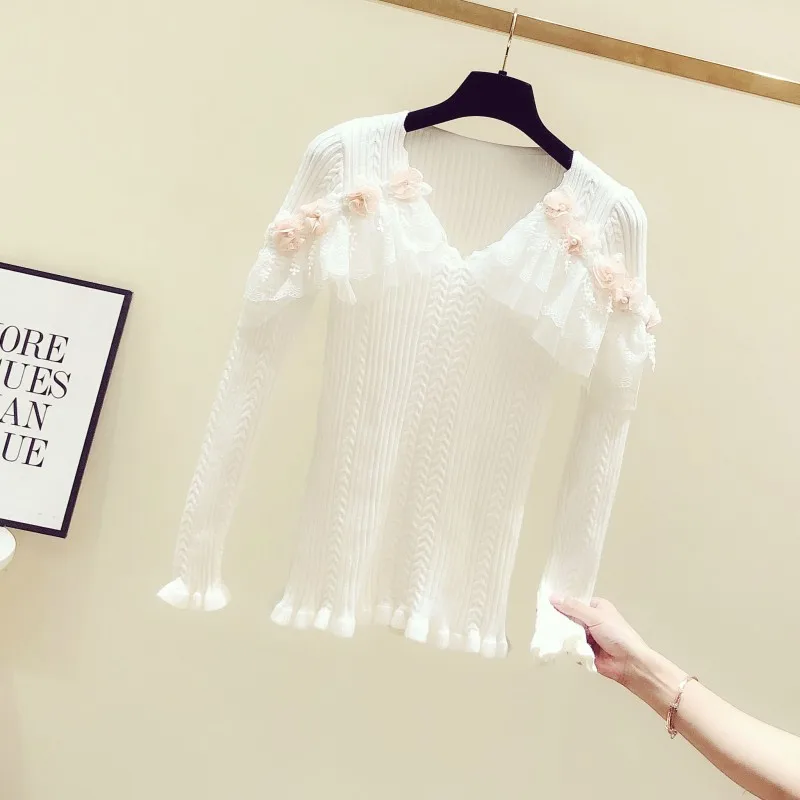 Autumn and Winter V Neck Sweater Women 2019 New Korean Lace Flower Decoration V-neck Long Sleeve Knitwear Blusas Femme | Женская одежда