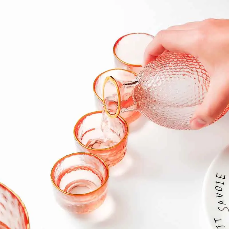 Japanese Sake Set Plum Wine Cup Fruit Pot Creative Amber Hammer Pattern Glass Gold Edge Whisky Birthday Gifts | Дом и сад