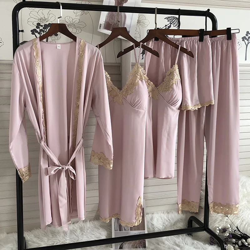 

Satin 5PCS Sleep Set Home Clothing Women White Lace Pajamas Suit Nightwear Spring Autumn New Casual Sleepwear Nightgown