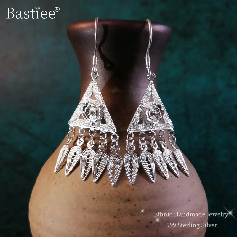 

Bastiee 999 Sterling Silver Triangle Drop Earrings for Women Tassel Earing Ethnic Vintage Hmong Handmade Luxury Jewelry