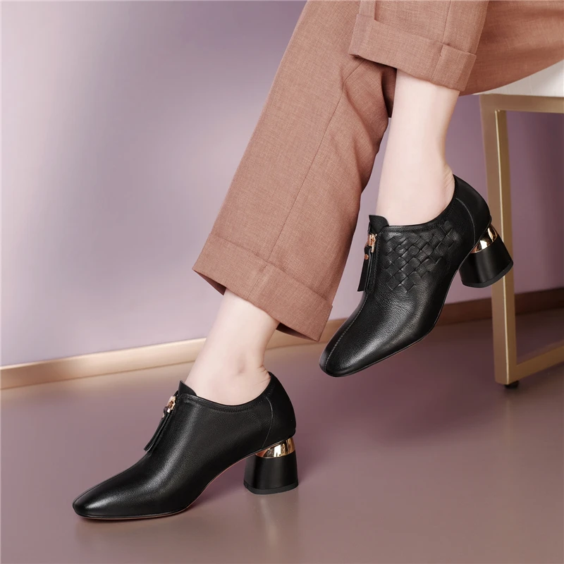 

VERCONAS Genuine Leather Women Pumps Fashion Concise Front Zipper Thick Heels Spring Office Lady Shoes Woman 2021 New Arrival