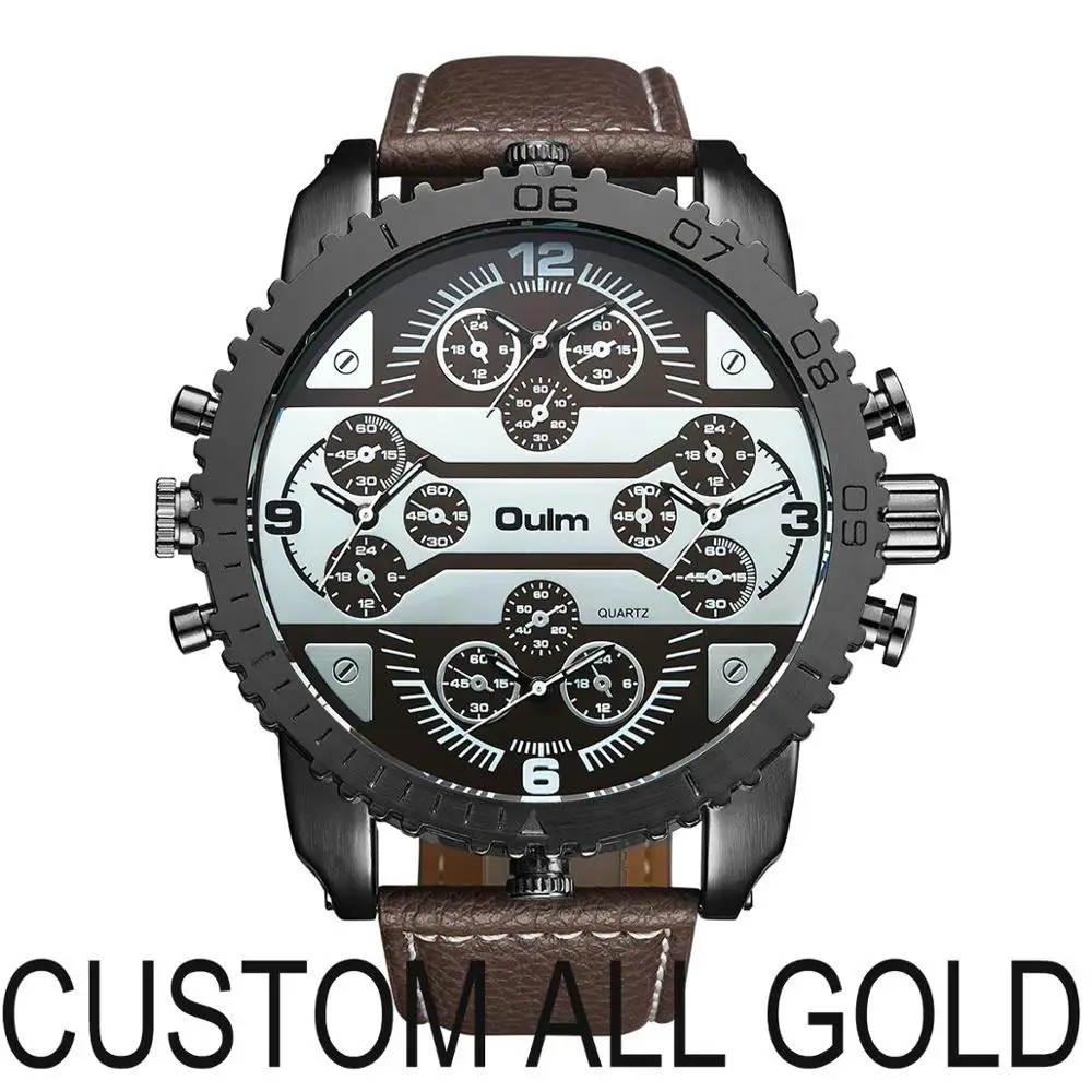 CUSTOM ALL GOLD OULM спортивные кварцевые часы мужские большой чехол военные мужские s часы лучший бренд класса люкс кожаный ремешок 4 часовых пояса модные повседневные наручные часы - Цвет: CUSTOM ALL GOLD
