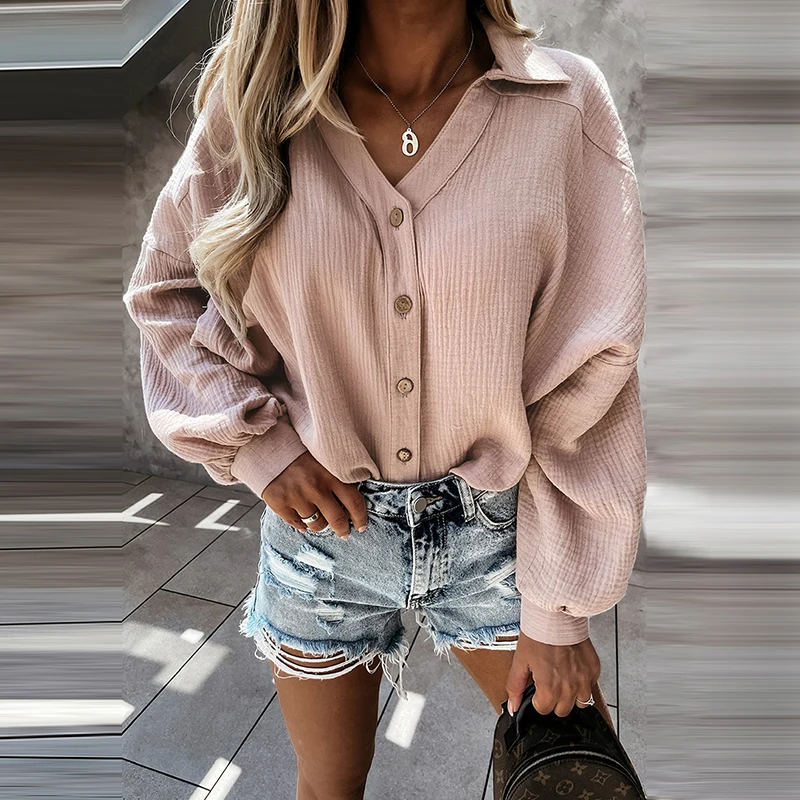 Женская однобортная рубашка с V-образным вырезом и длинным рукавом | одежда