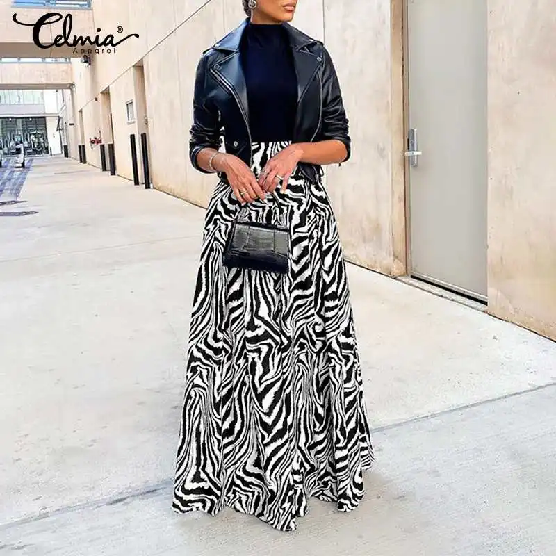 

Women Vintage Zebra Printed Maxi Skirts Celmia 2021 Fashion High Waist A-Line Long Skirt Casual Loose Party Skirts Oversized