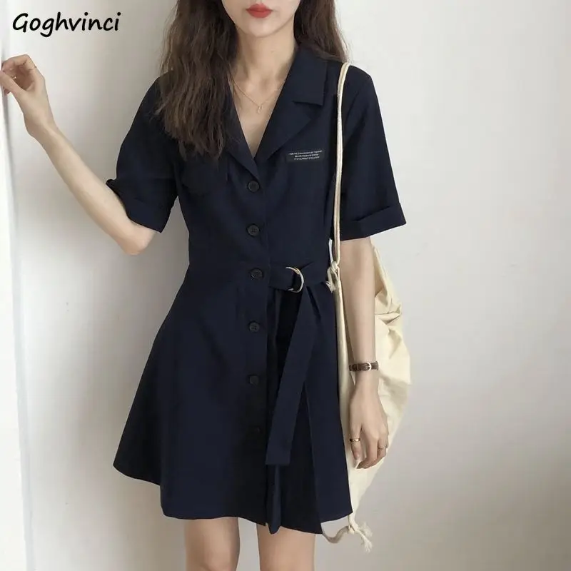 

Short Sleeve Dress Women Solid V-Neck Single Breast Sashes Summer Womens Beauty Leisure Fashion Chic Retro Lovely Ulzzang Mini