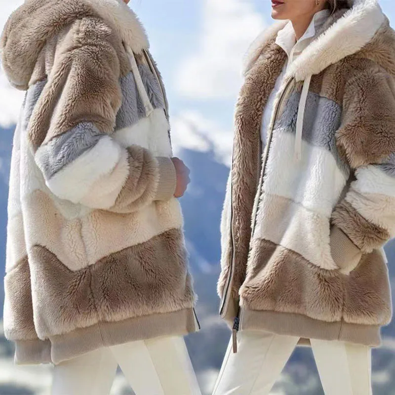 5XL Plus size Women's Winter Coat 2021 New Stitching Plaid Zipper Fur Coat Oversized Winter coat for Women Hooded Fur Coat