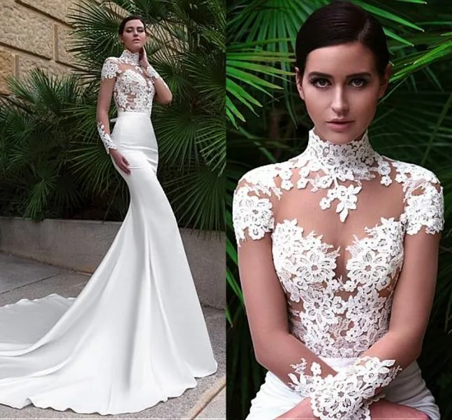 

Vintage High Neck Mermaid Wedding Dresses 2021 With Appliques Long Illusion Sleeve Sexy See Through Bodice Bridal Gowns