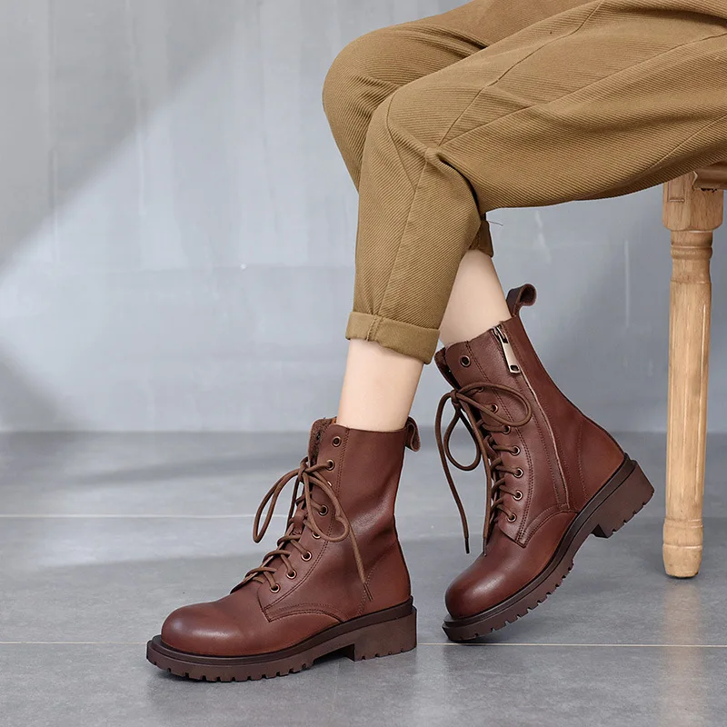 

Ботинки Birkuir женские из натуральной кожи, на шнуровке, средний каблук, на платформе, на молнии, круглый носок, черные, ручная работа, на осень-...