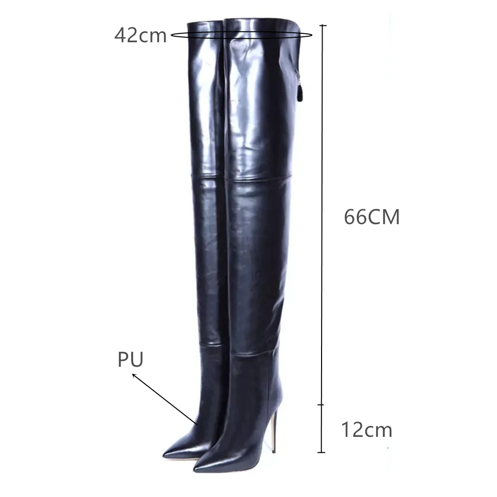 

Aiyoway Women Black PU Leather Thigh High Boots Sexy Pointed Toe Ladies Autumn Winter Zipper Party Dress Shoes