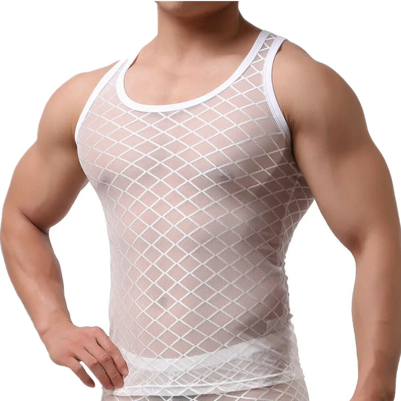 Нижнее белье для мужчин прозрачная сеточка дома безрукавка фитнеса повседневное