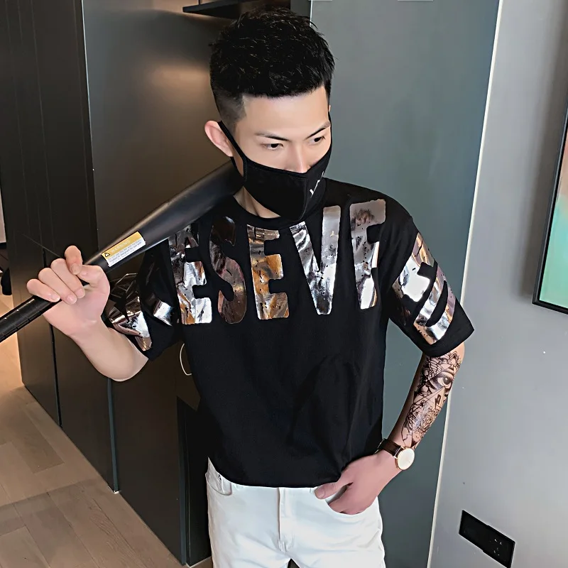 

Reflective Sequins Short Sleeve T Shirt for Men 2021 Fashion Hip Hop Clothes Teens Letter Print Graphic Tees Slim Fit Streetwear