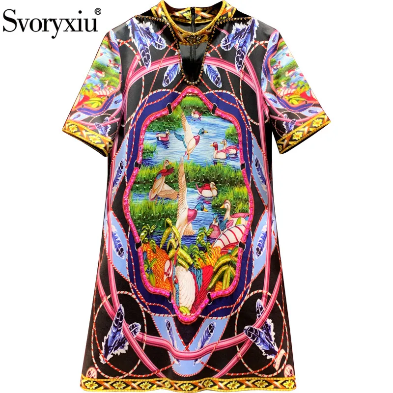

Svoryxiu Designer High End Summer Party Dresses Women's Short Sleeve Crystal Diamond Vintage Print Fashion Loose Short Dress