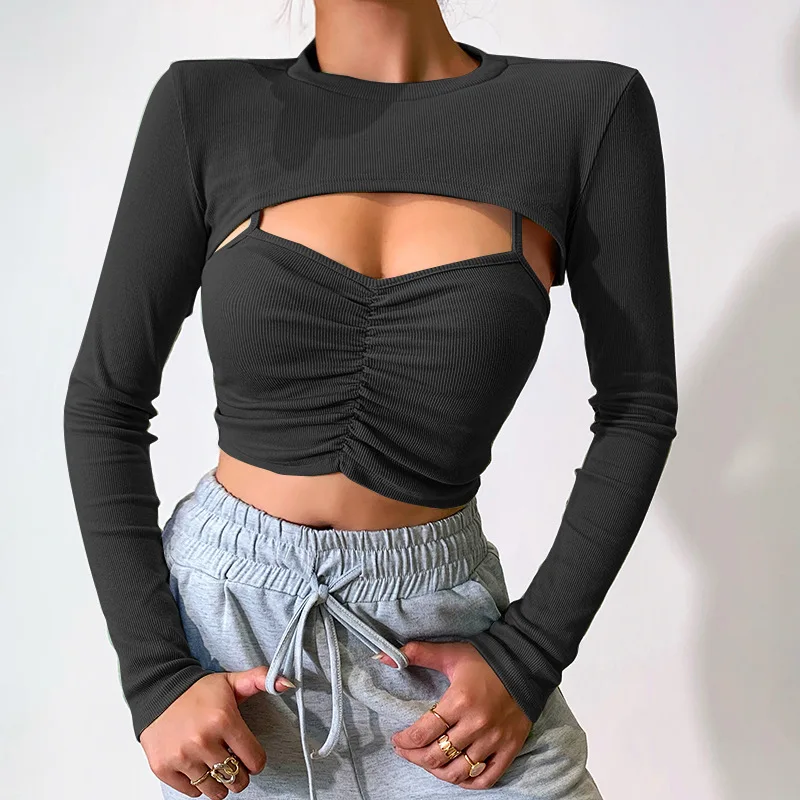 

Tshirt Women Camisole + Long Sleeve Shawl Short Top 2PC Suit Folds Tees Casual Harajuku Shirt Women Shirts Vintage Streetwear
