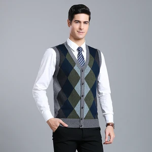Мужской шерстяной жилет, сезон весна-осень 2022, модный свитер без рукавов с узором ромбиками, жилет, мужской вязаный жилет в клетку в стиле пэчворк, пальто