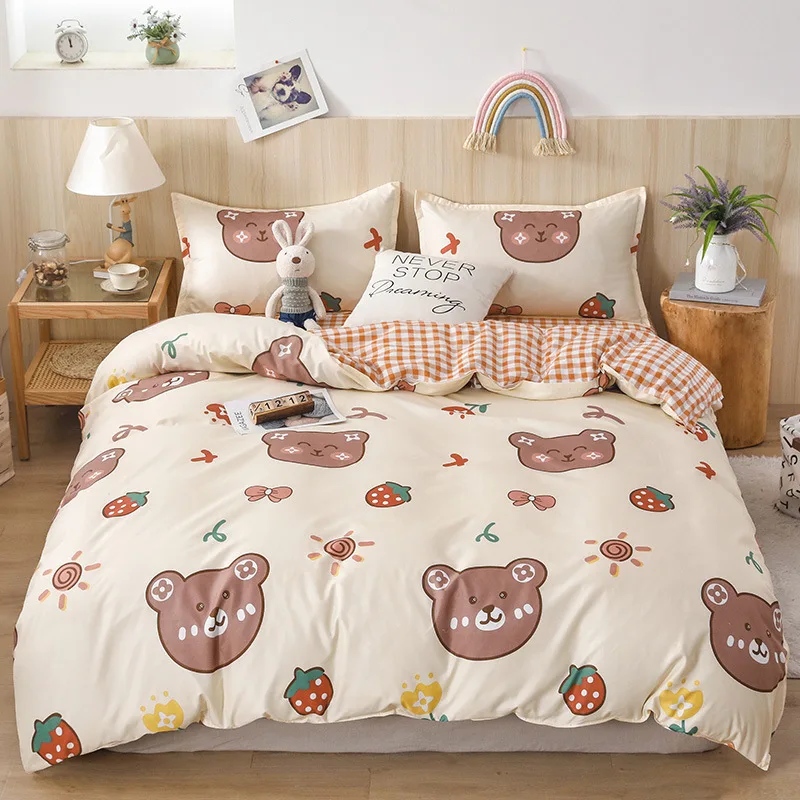 

Cotton Duvet Cover Pillow Case Bed Sheet Bedroom Cute Strawberry Bear Single Double Bedding Covers Set King Queen Twin Oceania