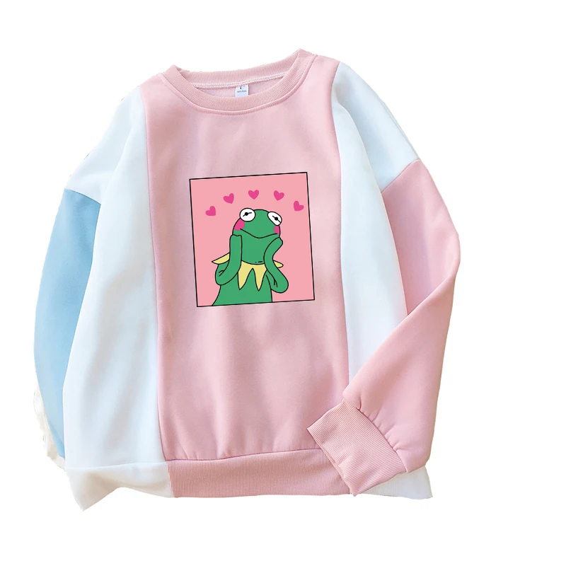 Женская осенне-зимняя новая флисовая толстовка Kawaii с милым рисунком лягушки повседневная с круглым вырезом цветной Плетеный женская толстовка Hosodies