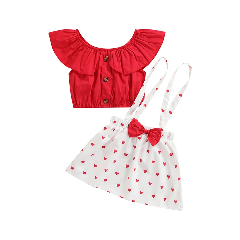 

Girls Casual Two-piece Clothes Set Red Round Collar Crop Tops and Heart Print Suspender Skirt Valentine's Day Set