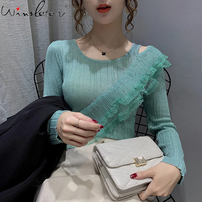 

Fall Winter Knitted Sweater European Clothes Elegant Women Fashion Hollow Out Sexy Shiny Diamonds Ruffles Tops New 2021 T18205A