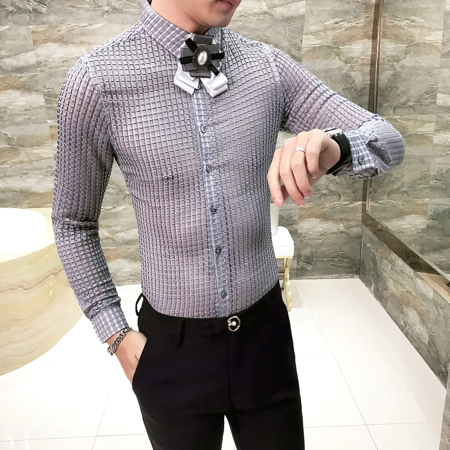 Платье рубашка Для мужчин See Through модная дизайнерская Повседневная Slim Fit с длинным