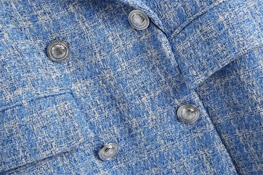 

ZA 2021 Vintage Blue Tweed blazer coat Women Double Breasted blazer Female office plaid blazer Casual Veste Femme winter