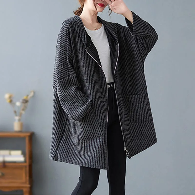 

New Arrival 2021 Autumn Winter Women Coats Oversize Zip Up Striped Hooded Women Clothing Big Size Casual Loose Lady Outerwear