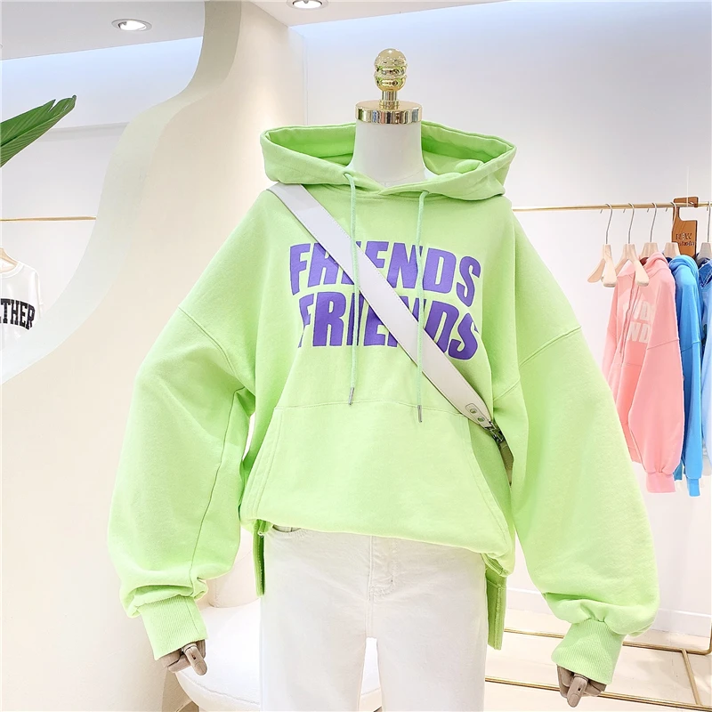 

BF Korean Style Spring and Autumn All-Match Terry Cotton Simple Letter Print Loose Plus Size Sweatshirts Women's Lazy Hoodies
