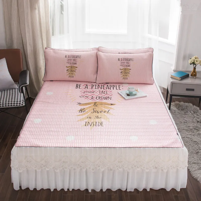 

Printed Quilted Lace Latex Queen Bedspread Summer Cool Bed Cover King Double Fitted Bedskirt Mattress Protector 2 Pillow Covers
