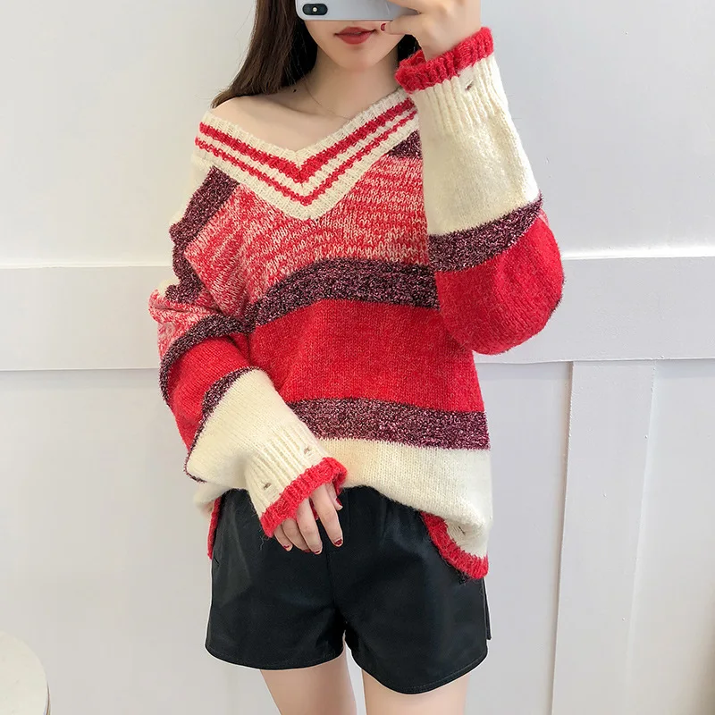0.5 New Arrival Fashion Korean Spring Autumn Knitted Women Rainbow Sweater V-neck Light Striped hole design Batwing pullover | Женская