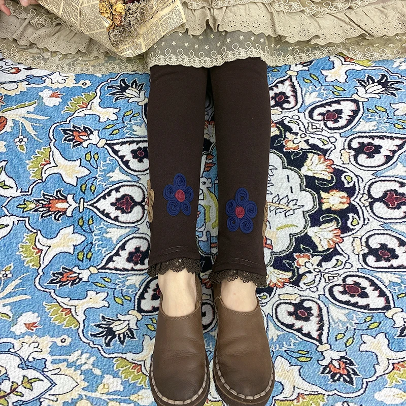 

Осенне-зимние новые стильные милые хлопковые бархатные леггинсы ручной работы с цветочным кружевом и высокой талией в стиле девушки Мори Р...