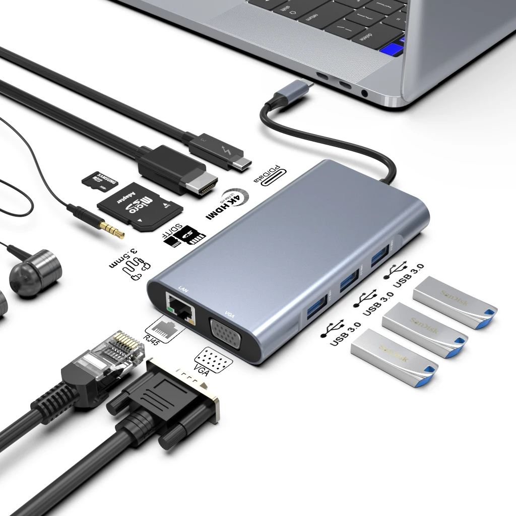 

Double Display Gigabit Ethernet 4K HDMI VGA PD 60W Type C USBC Hub 10 in 1 Type C Hub Adapter USB C Docking Station for MacBook