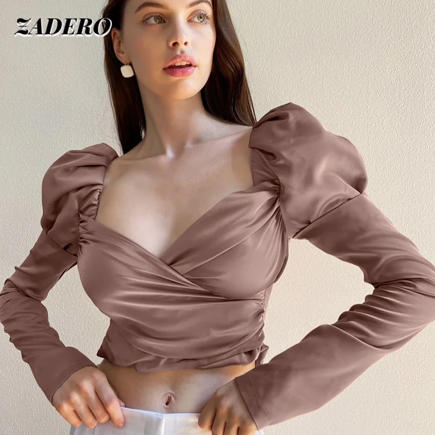 

Sexy Blouses Womens 2021 FashionSquare Collar Puff Sleeve Ruched Asymmetrical Tops Elegant Female Long Sleeve Tunic Shirts