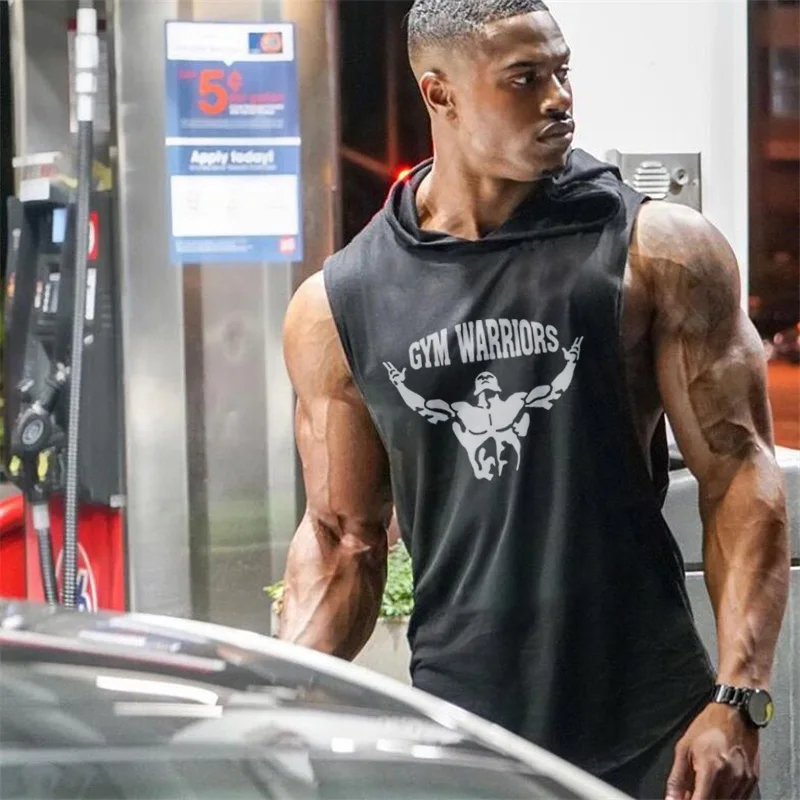 

Brand Gym Clothing Mens Bodybuilding Hooded Tank Top Cotton Sleeveless Vest Fitness Sweatshirt Workout Sportswear Tops Male