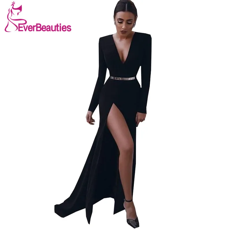 as picture Robe De Soiree Русалка Вечерние платья с длинным рукавом v-образным вырезом вечернее платье атласное Abiye сексуальное платье с Боковым Разрезом - Цвет: as picture