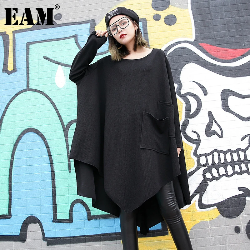 [EAM] Женская Черная Асимметричная длинная Повседневная футболка большого размера, новая модная футболка с круглым вырезом и длинным рукавом, весна-осень 2021 1DE1065