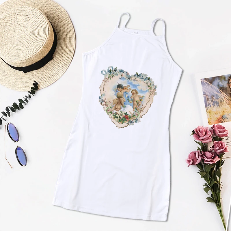 Женское облегающее платье на бретельках Летнее мини без рукавов с милым принтом