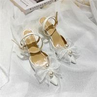 women pointed toe dress sandals solid color pearl butterfly bow high heels fashion mesh stiletto buckle wedding shoes women 2021