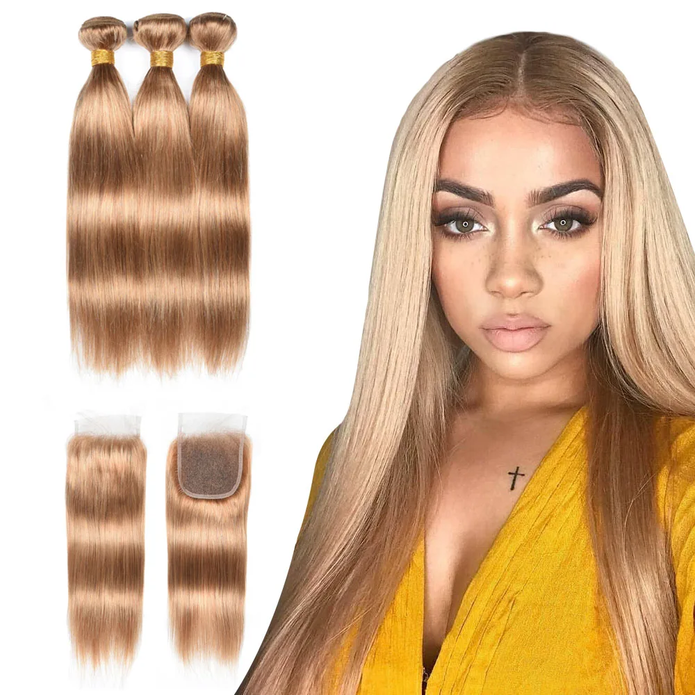 Мёд светлые пряди с закрытием Remy 27 бразильские вплетаемые волосы прямые