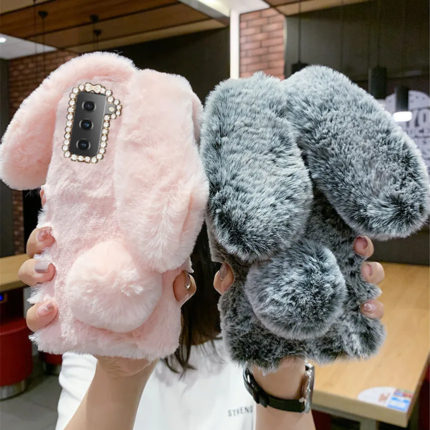 

Fur Rabbit Fluffy Silicone cover For Samsung Galaxy S21 Plus S20 FE S20 Ultra case For Samsung A32 A52 A72 Warm Phone Case cover