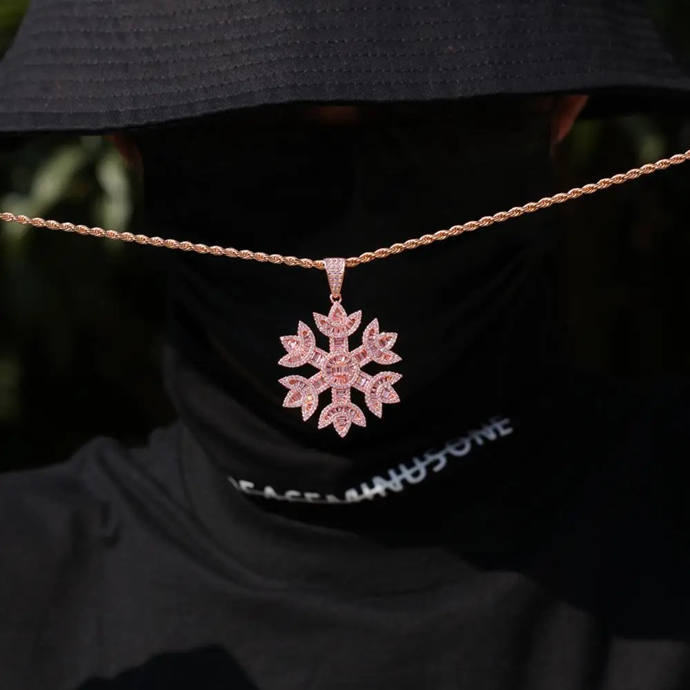 

Pink Snowflake Baguette Pendant AAA Zircon Bling Full Iced Out CZ Necklace Men Women Rock Hip Hop Punk Jewelry Gift