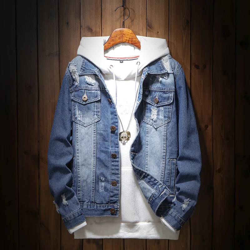 Куртка-бомбер мужская рваная джинсовая модная повседневная одежда свободный