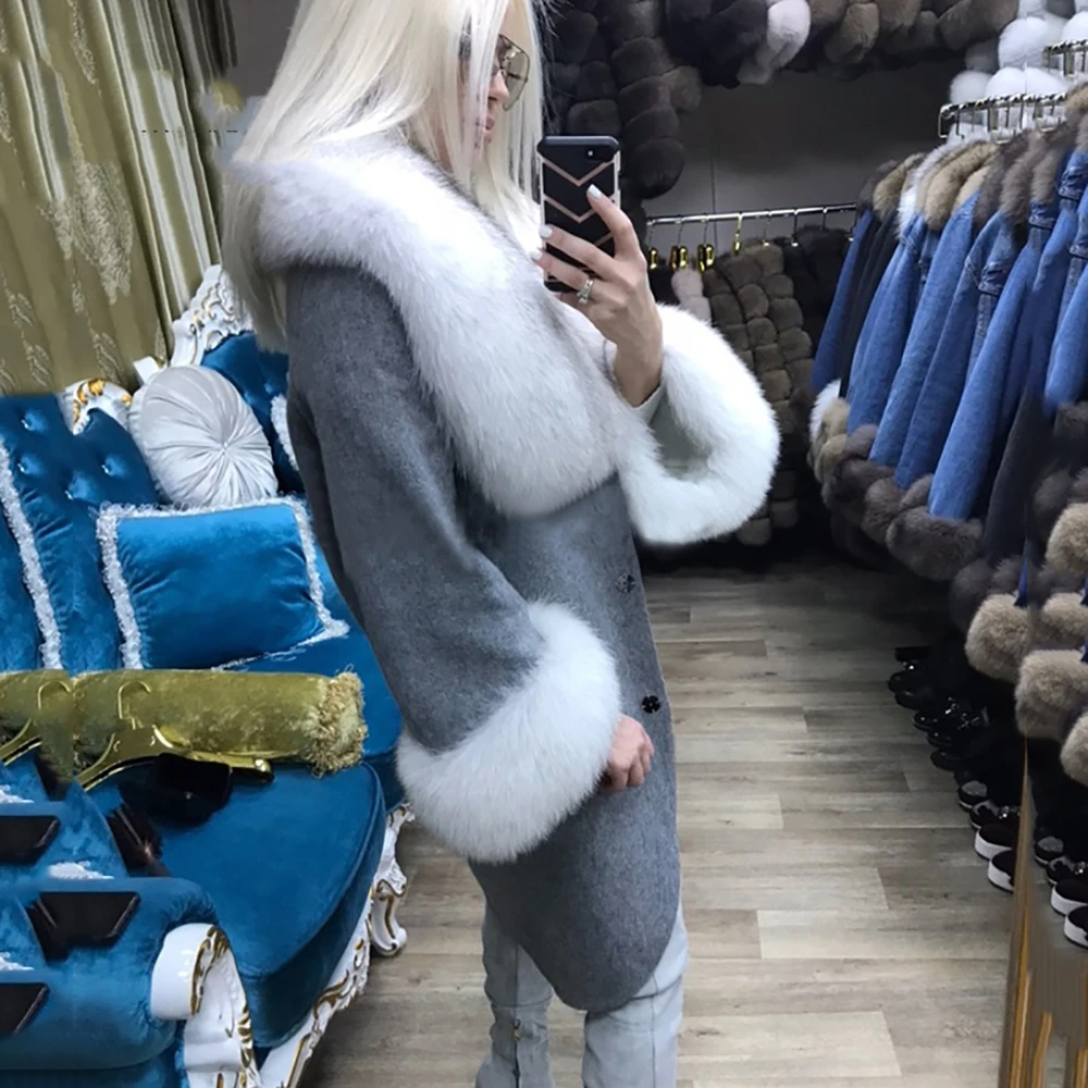 Женская Шуба из натурального меха, роскошная шерстяная шуба, теплая шуба с толстым лисьим мехом, стиль, шуба, повседневное кашемировое пальто