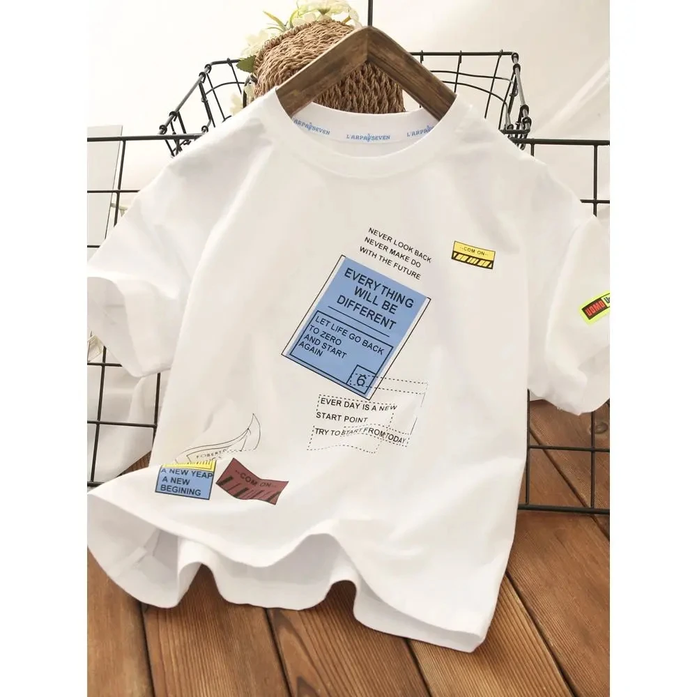 

Summer Cotton Boys T-shirt New 2021 Korean Version Fashion Short-Sleeved Base Coat Printed Letter Casual Children's Clothing Hot