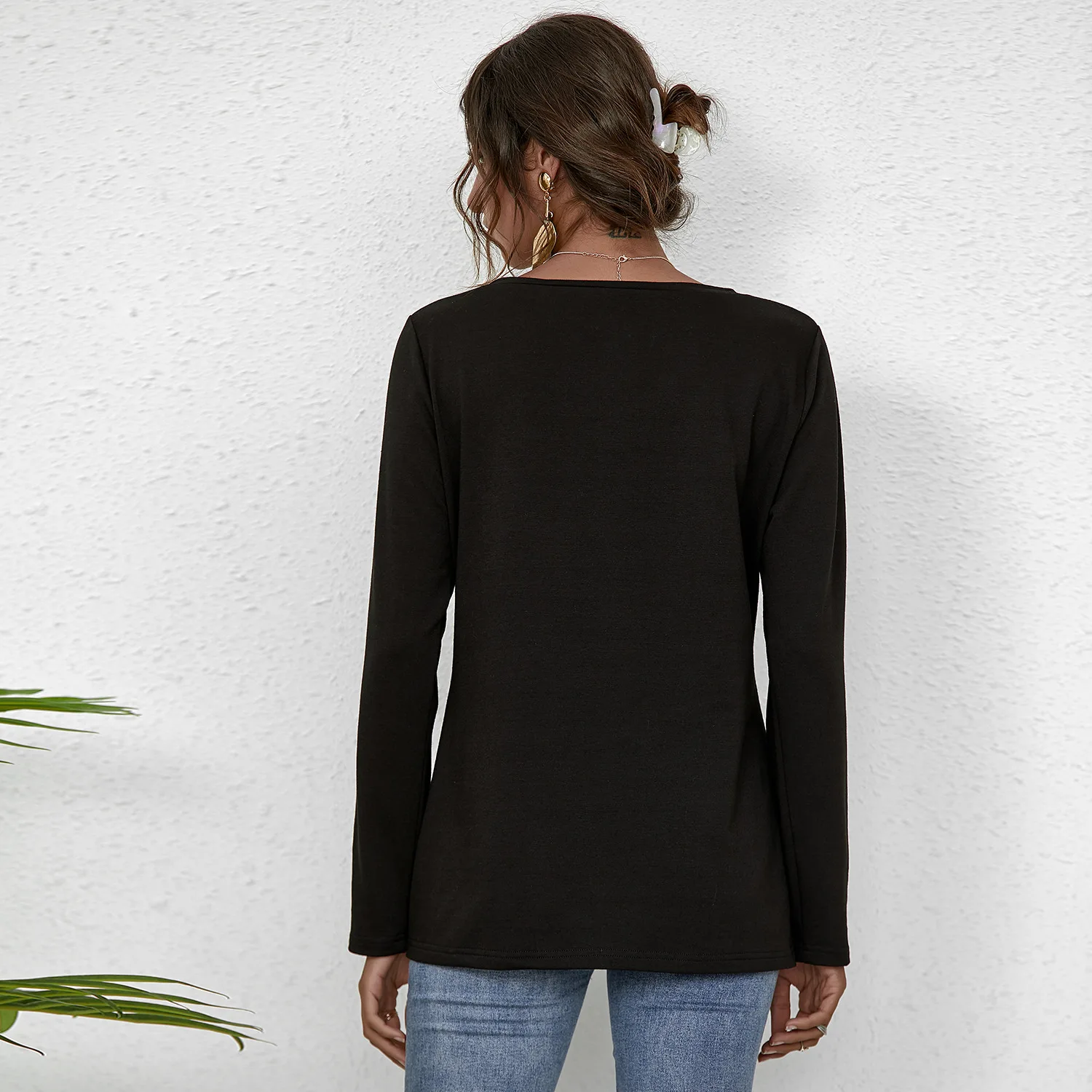 

Long Sleeved Casual Ladies 2021 Solid Summer Spring Fashion T Shirt Spring Summer Round Collar Leopard Women's T Shirt