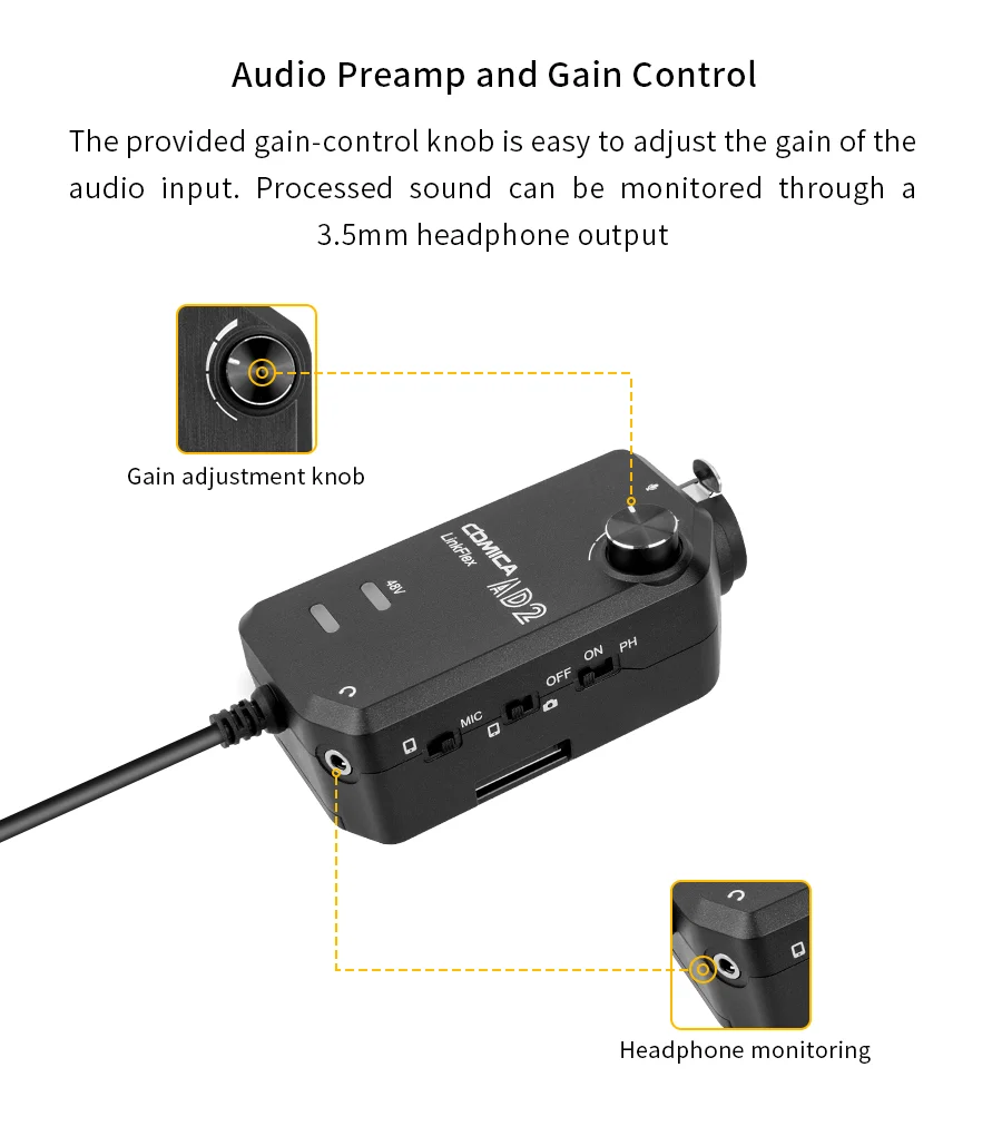 COMICA LinkFlex AD2 XLR/6,35 мм до 3,5 мм аудио предусилитель адаптер с фантомным питанием для iPhone/Android/Nikon/Canon камеры и гитары
