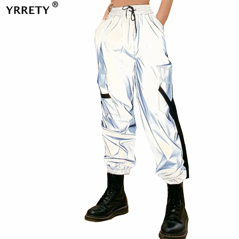 YRRETY Women High Waist Baggy Reflective Pants Elastic Ankle Tie The Tailored Fitness Cargo Trouser Solid Jogge Streetwear 2021