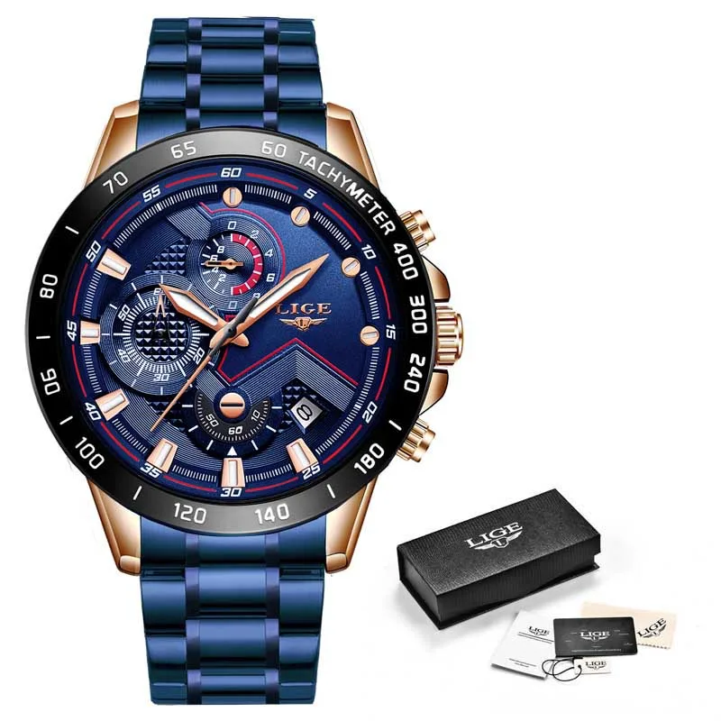 Black blue LIGE новые часы мужские водонепроницаемые часы с ремешком из нержавеющей стали Кварцевые наручные часы военные часы с хронографом мужские модные спортивные часы - Цвет: Black blue
