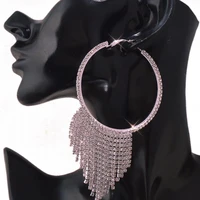 shiny rhinestone round long tassel pendant drop earrings wedding jewelry for women luxury crystal hanging circle hoop earrings